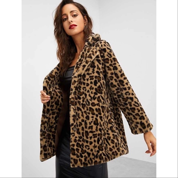 LAST 1! Notch Collar Leopard Print Teddy Coat - Picture 4 of 6